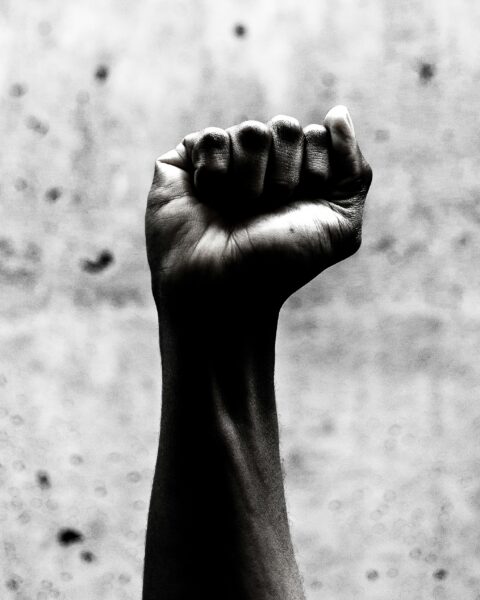 Person's right fist gray scale photography.