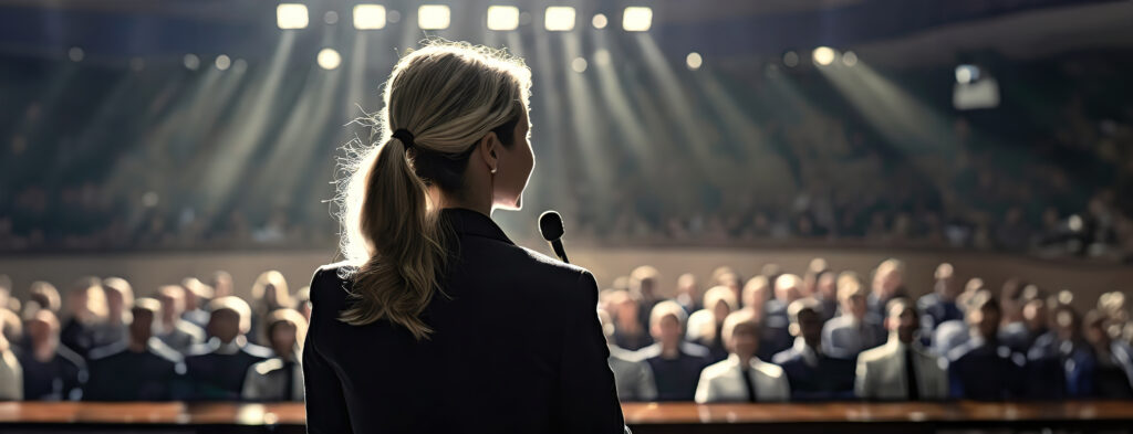 Rear view of a businesswoman addressing a large crowd