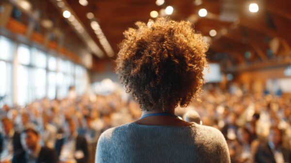 Rear view of a businesswoman speaking to a large audience